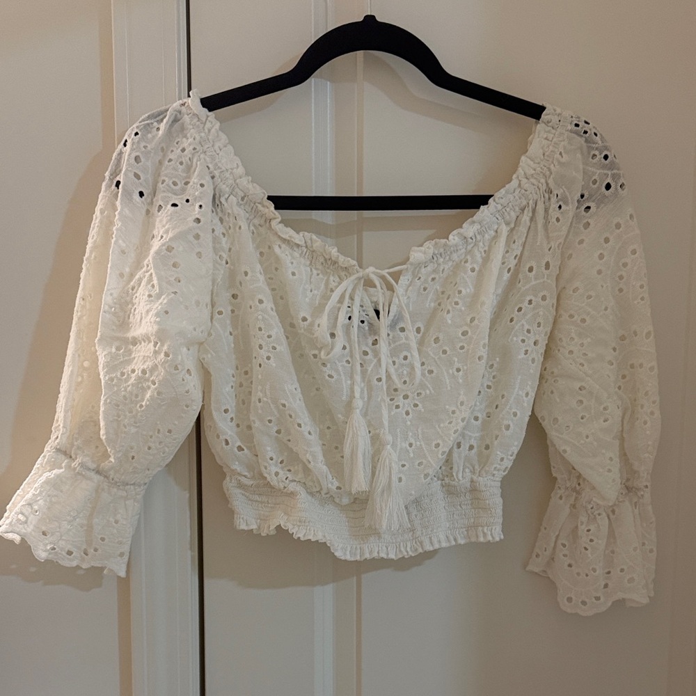 AKIRA Cream Eyelet Off-Shoulder Blouse